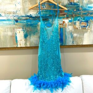NWT turquoise mesh embellished luxe sequin halter mini low back ostrich feather